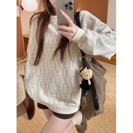 华夫格复合真超卫衣男女秋冬几何格子宽松圆领保暖上衣 服裝批發女裝批發服飾貨源