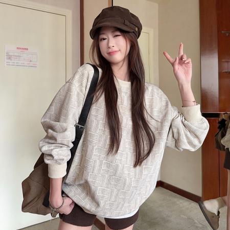 华夫格复合真超卫衣男女秋冬几何格子宽松圆领保暖上衣 服裝批發女裝批發服飾貨源