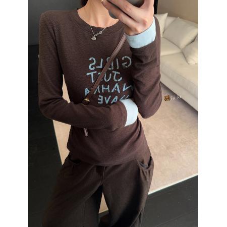 雪花羊绒长袖t恤打底衫女薄款春秋撞色新款宽松圆领上衣 服裝批發女裝批發服飾貨源