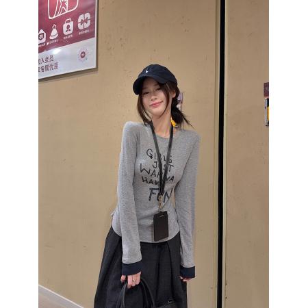 雪花羊绒长袖t恤打底衫女薄款春秋撞色新款宽松圆领上衣 服裝批發女裝批發服飾貨源