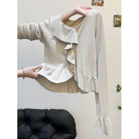 FA52944# 三股包芯纱天猫抖音品质荷叶边喇叭袖打底上衣  服裝批發女裝批發服飾貨源