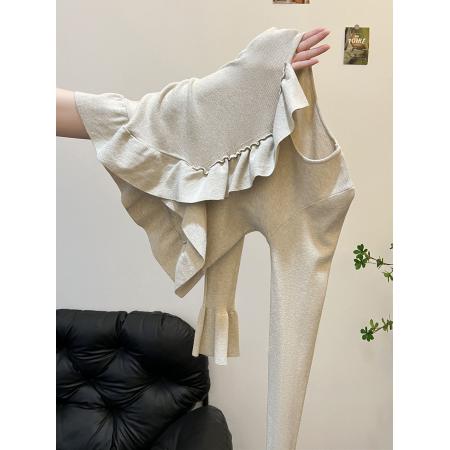 FA52944# 三股包芯纱天猫抖音品质荷叶边喇叭袖打底上衣  服裝批發女裝批發服飾貨源