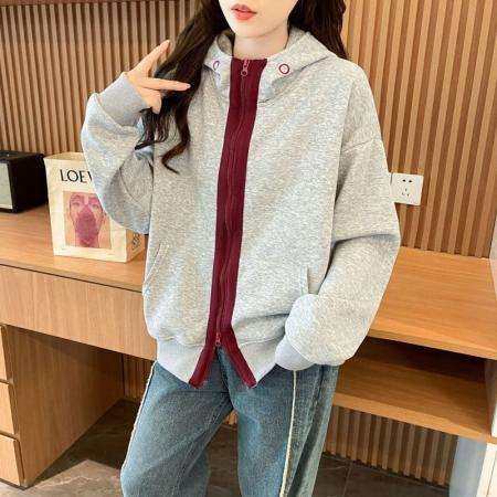 FA52953# 纯棉华棉复合薄款高级感韩系撞色刺绣连帽卫衣拉链开衫上衣  服裝批發女裝批發服飾貨源