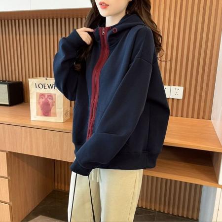 FA52953# 纯棉华棉复合薄款高级感韩系撞色刺绣连帽卫衣拉链开衫上衣  服裝批發女裝批發服飾貨源