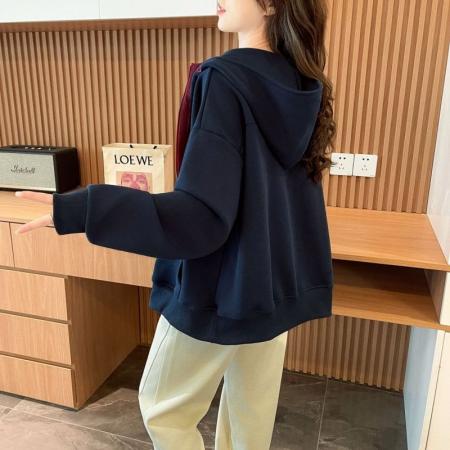 FA52953# 纯棉华棉复合薄款高级感韩系撞色刺绣连帽卫衣拉链开衫上衣  服裝批發女裝批發服飾貨源