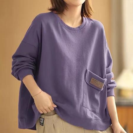 FA52954# 秋装新款纯棉外贸女长袖卫衣时尚百搭休闲圆领套头纯色宽松上衣  服裝批發女裝批發服飾貨源
