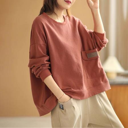 FA52954# 秋装新款纯棉外贸女长袖卫衣时尚百搭休闲圆领套头纯色宽松上衣  服裝批發女裝批發服飾貨源