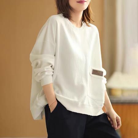 FA52954# 秋装新款纯棉外贸女长袖卫衣时尚百搭休闲圆领套头纯色宽松上衣  服裝批發女裝批發服飾貨源