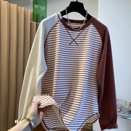 FA52957# 早春韩系高级感条纹t恤女长袖宽松薄款空调衫圆领打底衫上衣  服裝批發女裝批發服飾貨源