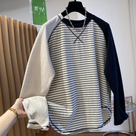 FA52957# 早春韩系高级感条纹t恤女长袖宽松薄款空调衫圆领打底衫上衣  服裝批發女裝批發服飾貨源