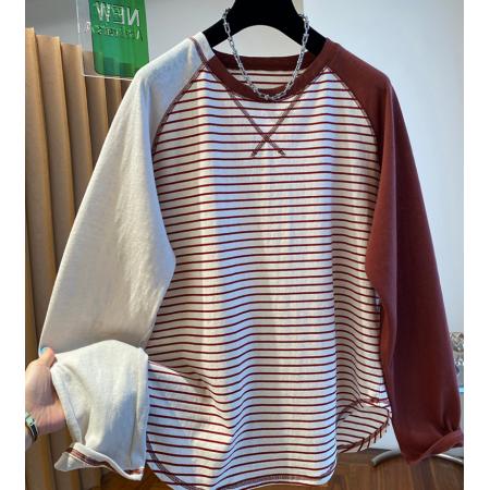 FA52957# 早春韩系高级感条纹t恤女长袖宽松薄款空调衫圆领打底衫上衣  服裝批發女裝批發服飾貨源