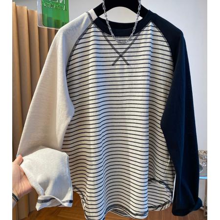 FA52957# 早春韩系高级感条纹t恤女长袖宽松薄款空调衫圆领打底衫上衣  服裝批發女裝批發服飾貨源