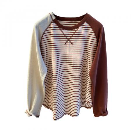 FA52957# 早春韩系高级感条纹t恤女长袖宽松薄款空调衫圆领打底衫上衣  服裝批發女裝批發服飾貨源