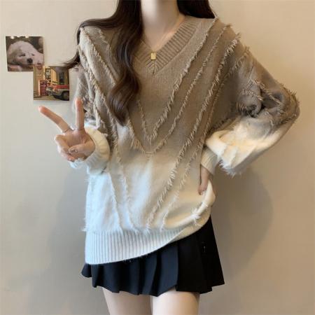 FA52961# 大码秋冬新款胖mm渐变色V领流苏设计感慵懒宽松显瘦毛衣  服裝批發女裝批發服飾貨源