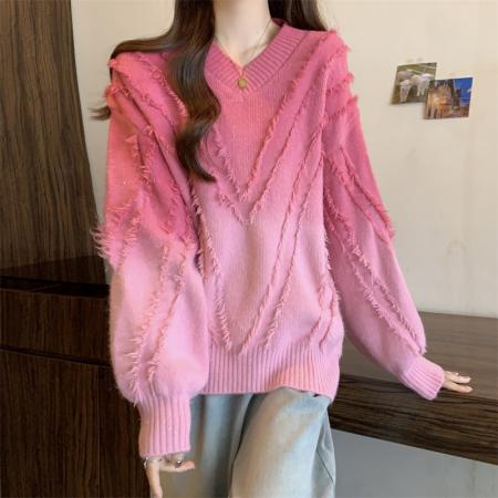 FA52961# 大码秋冬新款胖mm渐变色V领流苏设计感慵懒宽松显瘦毛衣  服裝批發女裝批發服飾貨源