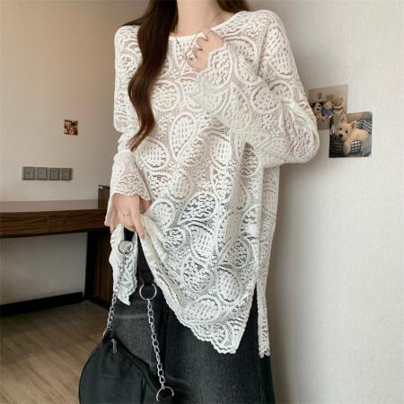 FA52962# 大码女装秋季新款洋气蕾丝衫宽松显瘦中长款打底小衫上衣  服裝批發女裝批發服飾貨源