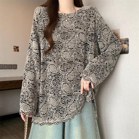 FA52962# 大码女装秋季新款洋气蕾丝衫宽松显瘦中长款打底小衫上衣  服裝批發女裝批發服飾貨源