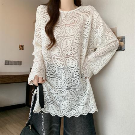 FA52962# 大码女装秋季新款洋气蕾丝衫宽松显瘦中长款打底小衫上衣  服裝批發女裝批發服飾貨源