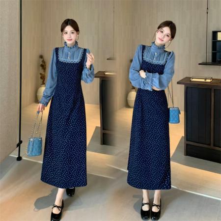 FA52963# 大码海兰花秋冬法式设计感碎花假两件拼接长袖连衣裙  服裝批發女裝批發服飾貨源