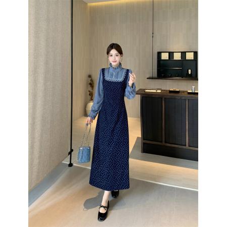 FA52963# 大码海兰花秋冬法式设计感碎花假两件拼接长袖连衣裙  服裝批發女裝批發服飾貨源