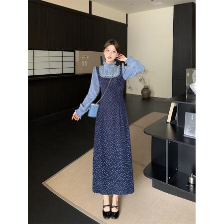 FA52963# 大码海兰花秋冬法式设计感碎花假两件拼接长袖连衣裙  服裝批發女裝批發服飾貨源