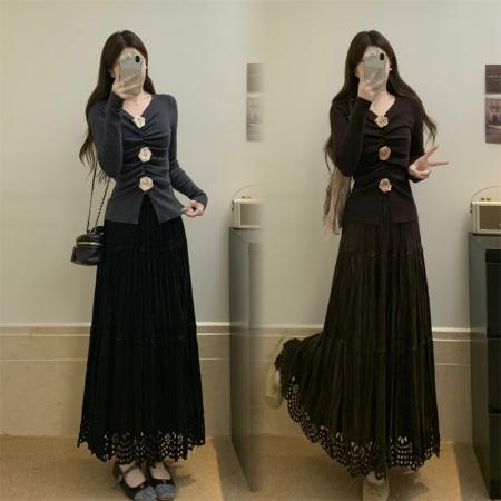 FA52970# 秋冬装新款胖mm气质显瘦毛衣V领上衣半身裙两件套套装  服裝批發女裝批發服飾貨源