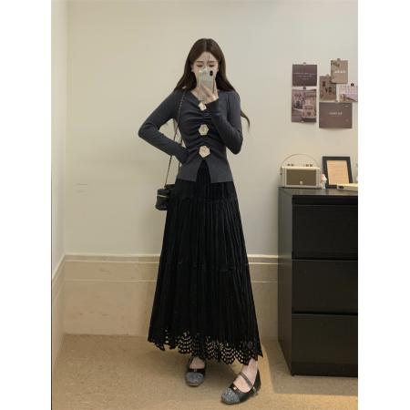 FA52970# 秋冬装新款胖mm气质显瘦毛衣V领上衣半身裙两件套套装  服裝批發女裝批發服飾貨源