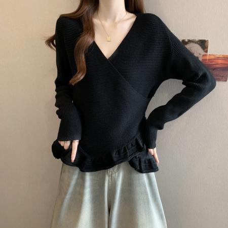 FA52971# 大码春秋新款外套女交叉微胖显瘦针织衫韩系复古花边毛衣开衫  服裝批發女裝批發服飾貨源