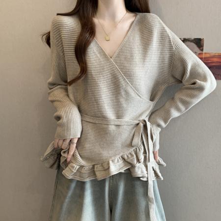 FA52971# 大码春秋新款外套女交叉微胖显瘦针织衫韩系复古花边毛衣开衫  服裝批發女裝批發服飾貨源