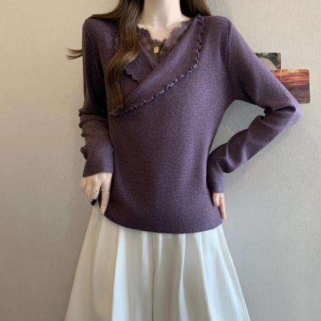 FA52972# 大码法式新款微胖气质蕾丝拼接针织衫女翻领显瘦打底上衣  服裝批發女裝批發服飾貨源