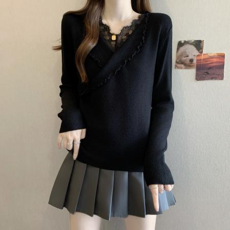 FA52972# 大码法式新款微胖气质蕾丝拼接针织衫女翻领显瘦打底上衣  服裝批發女裝批發服飾貨源