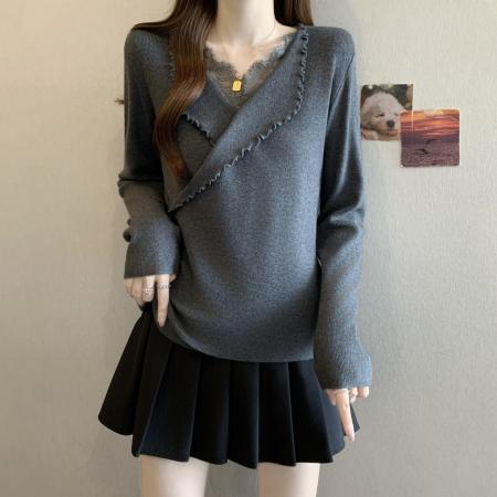 FA52972# 大码法式新款微胖气质蕾丝拼接针织衫女翻领显瘦打底上衣  服裝批發女裝批發服飾貨源