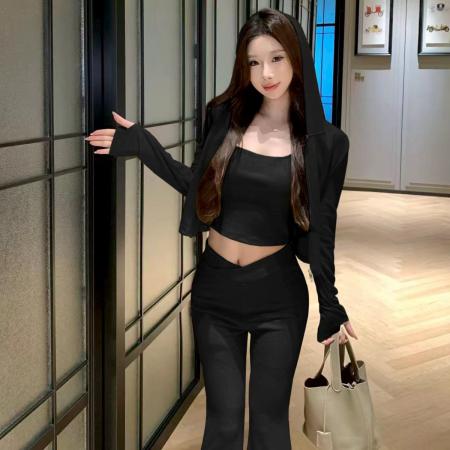 FA52973# 修身运动连帽拉链长袖开衫外套内搭背心微喇叭长裤三件套  服裝批發女裝批發服飾貨源