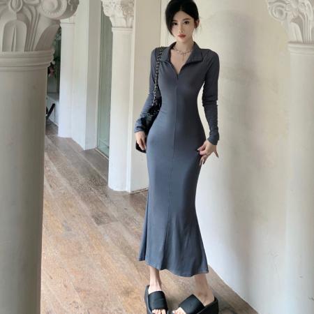 FA52974# 纯欲修身翻领拉链v领长袖显瘦人鱼诱惑过膝长款鱼尾连衣裙  服裝批發女裝批發服飾貨源