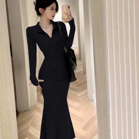 FA52974# 纯欲修身翻领拉链v领长袖显瘦人鱼诱惑过膝长款鱼尾连衣裙  服裝批發女裝批發服飾貨源