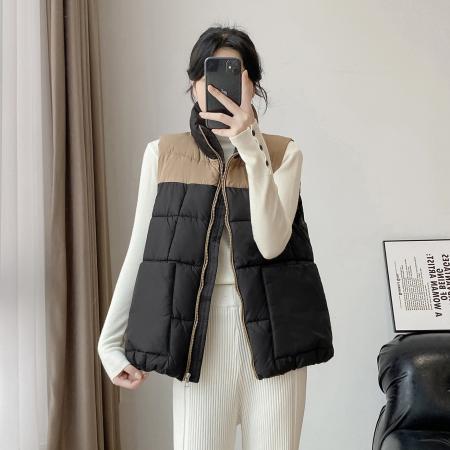 FA52977# 大码羽绒棉马甲新款韩版拼接百搭显瘦立领秋冬背心外套  服裝批發女裝批發服飾貨源