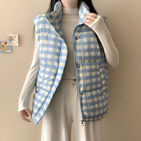 FA52980# 大码女装草莓跳复古减龄蓝色格子立领马甲背心女宽松外套  服裝批發女裝批發服飾貨源