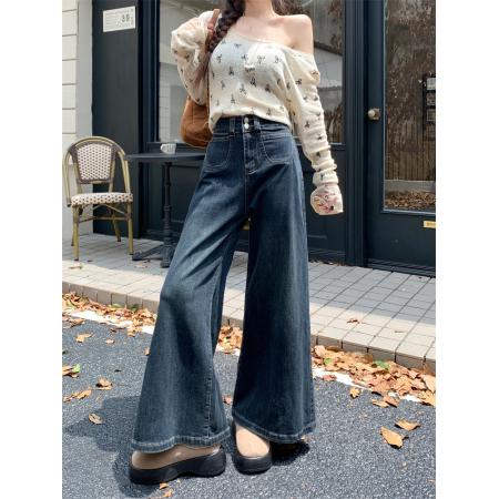 FA52981# 大码女装新款高腰宽松牛仔长裤女大裤脚设计感宽松阔脚拖地裤子  服裝批發女裝批發服飾貨源
