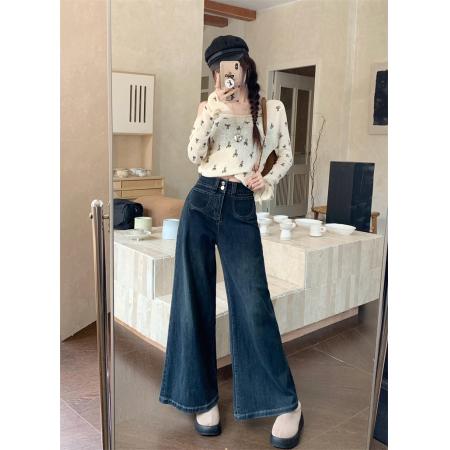 FA52981# 大码女装新款高腰宽松牛仔长裤女大裤脚设计感宽松阔脚拖地裤子  服裝批發女裝批發服飾貨源