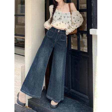 FA52981# 大码女装新款高腰宽松牛仔长裤女大裤脚设计感宽松阔脚拖地裤子  服裝批發女裝批發服飾貨源