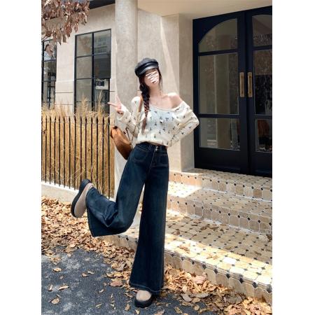 FA52981# 大码女装新款高腰宽松牛仔长裤女大裤脚设计感宽松阔脚拖地裤子  服裝批發女裝批發服飾貨源