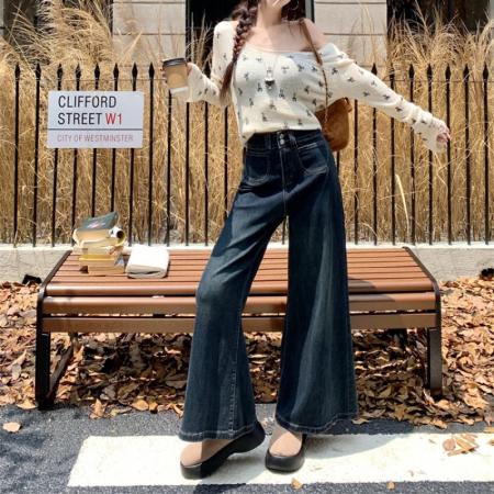 FA52981# 大码女装新款高腰宽松牛仔长裤女大裤脚设计感宽松阔脚拖地裤子  服裝批發女裝批發服飾貨源