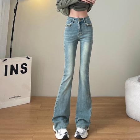 FA52982# 微喇牛仔裤女春秋季新款高腰显瘦显高复古设计感喇叭裤  服裝批發女裝批發服飾貨源