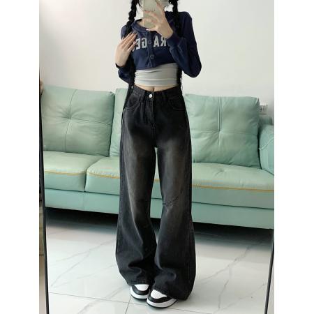 FA52983# 大码女装黑色高腰直筒牛仔裤女复古设计感显瘦宽松垂感阔腿拖地  服裝批發女裝批發服飾貨源