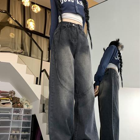 FA52983# 大码女装黑色高腰直筒牛仔裤女复古设计感显瘦宽松垂感阔腿拖地  服裝批發女裝批發服飾貨源