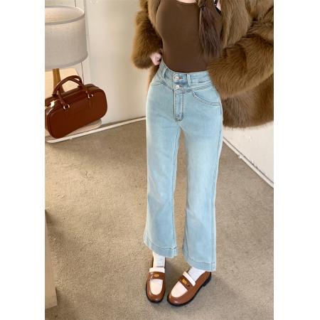 FA52984# 浅色九分竹节高弹力牛仔裤女大码双扣高腰显瘦百搭窄版休闲直筒裤  服裝批發女裝批發服飾貨源