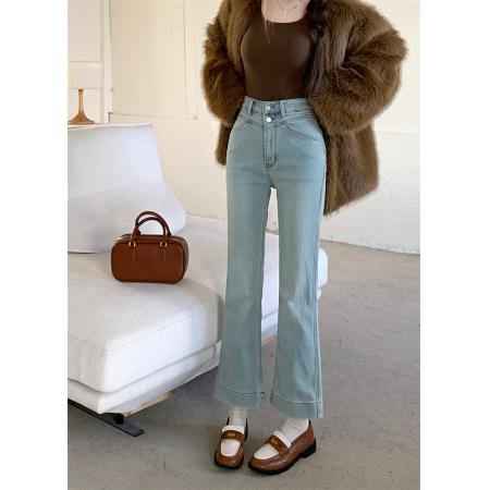 FA52984# 浅色九分竹节高弹力牛仔裤女大码双扣高腰显瘦百搭窄版休闲直筒裤  服裝批發女裝批發服飾貨源