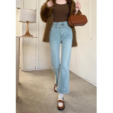 FA52984# 浅色九分竹节高弹力牛仔裤女大码双扣高腰显瘦百搭窄版休闲直筒裤  服裝批發女裝批發服飾貨源