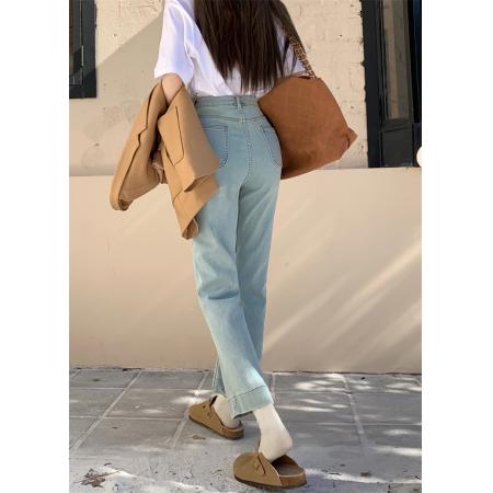 FA52984# 浅色九分竹节高弹力牛仔裤女大码双扣高腰显瘦百搭窄版休闲直筒裤  服裝批發女裝批發服飾貨源