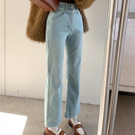 FA52984# 浅色九分竹节高弹力牛仔裤女大码双扣高腰显瘦百搭窄版休闲直筒裤  服裝批發女裝批發服飾貨源